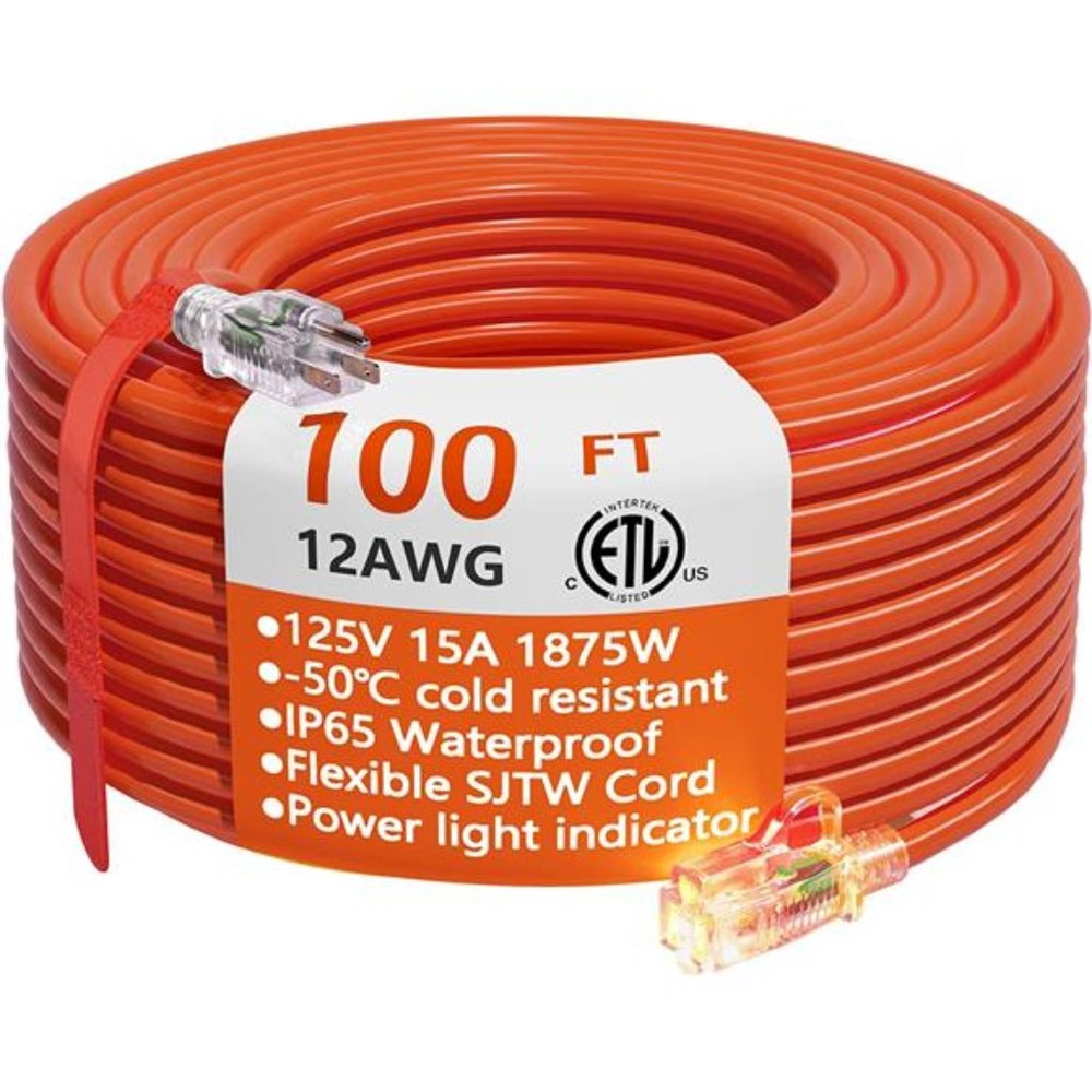 12/3 Gauge Heavy Duty Outdoor Extension Cord 100 ft Waterproof with Lighted end